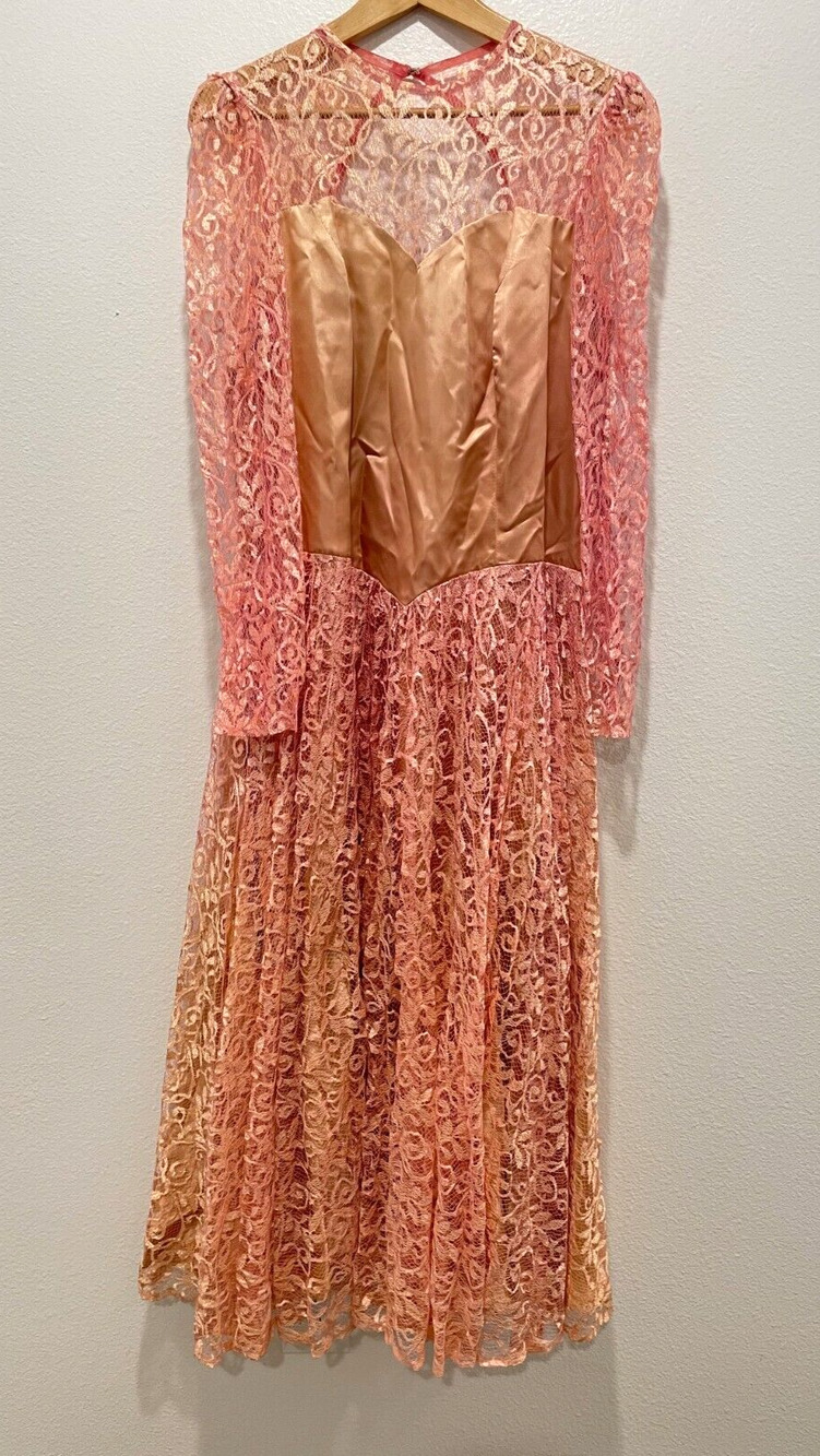 Vintage Handmade Womens Dress Large Pink Satin Lace Princess Victorian 70s FLAW